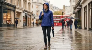 A stylish hooded packable rain jacket designed for outdoor travel and daily commutes.