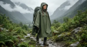 A durable hooded rain cape showing full coverage for an adult.