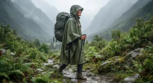 Side profile of an adult wearing a waterproof hooded rain cape during a storm.