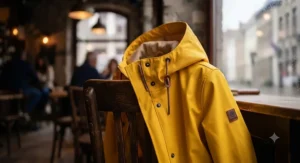 Lightweight iconic yellow rain jacket for women folded neatly on a wooden surface.