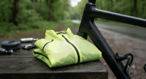 Lightweight and packable rain jacket for cycling folded neatly next to a bike frame