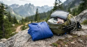 Lightweight and packable rain jacket for hiking folded next to a backpack outdoors