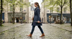 Side view of a lightweight waterproof trench coat for women, perfect for spring showers.