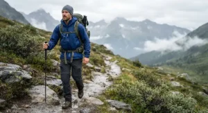 A male hiker wearing a waterproof packable rain jacket while hiking on a mountain trail.