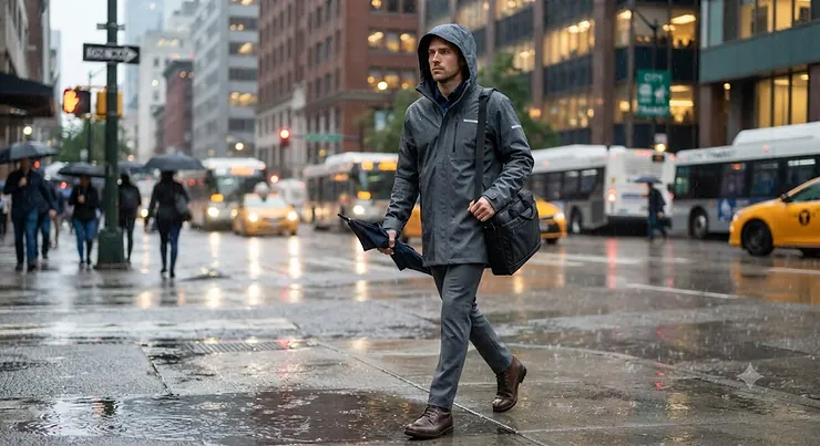A professional man walking through a city street in the rain wearing a stylish rain jacket for commuting.