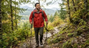 Hiker wearing a breathable red casual waterproof jacket under $80 on a local trail.