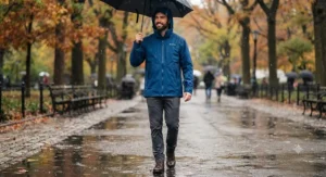 Man wearing a stylish blue casual waterproof jacket under $80 while walking outdoors in the rain.