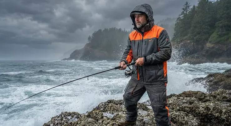 A man wearing a heavy-duty rain jacket for fishing with a hood pulled up in stormy weather.
