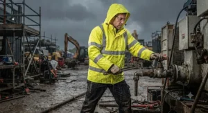 Man wearing a professional-grade yellow rain jacket while working outdoors in heavy rain.