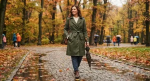 Outdoor lifestyle shot of a woman in an olive green waterproof trench coat during autumn.