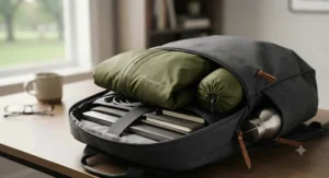 A lightweight, packable rain jacket for commuting partially tucked into an open commuter backpack.