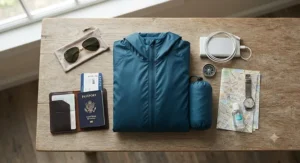 A flat lay of travel essentials including a packable rain jacket, passport, and sunglasses.