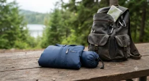A packable casual waterproof jacket under $80 folded neatly next to a travel backpack.