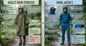 Infographic comparing the features of a rain poncho versus a traditional rain jacket.