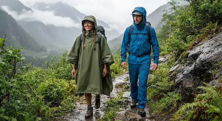 Adult wearing a rain poncho compared to someone in a rain jacket outdoors. rain poncho adults