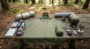 A reusable rain poncho laid out with other essential outdoor camping gear on a wooden table.