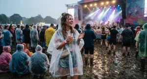 A person staying dry in a stylish reusable rain poncho while enjoying an outdoor music festival in the rain.