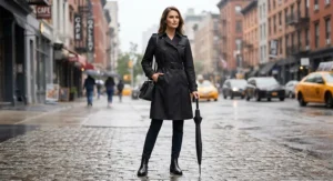 Model posing in a sleek black waterproof trench coat designed for rainy weather.