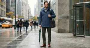 A stylish men's rain jacket for commuting paired with business casual attire outside an office building.