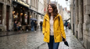 Stylish woman posing in an iconic yellow rain jacket during a spring rain shower.