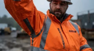 Close-up of a worker's taped-seam waterproof rain jacket to prevent moisture during outdoor work.