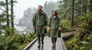 A man and woman modeling a versatile, unisex reusable rain poncho that fits various body types.
