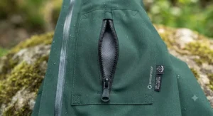 Detailed view of deep zippered pockets on a casual waterproof jacket under $80.