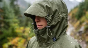 Close up of the adjustable hood and waterproof fabric of a hiking rain poncho with hood