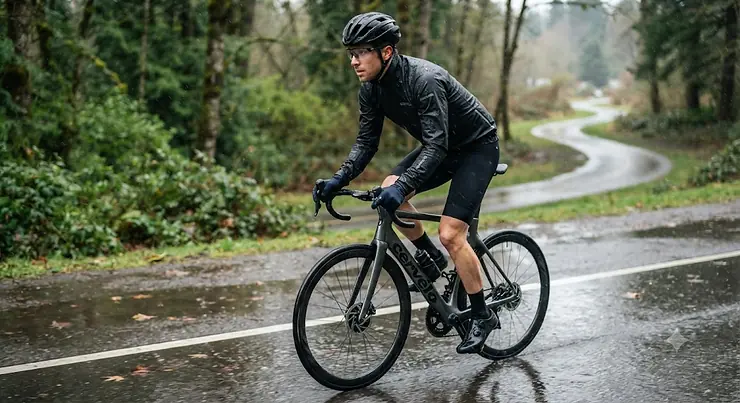 Man wearing a black waterproof rain jacket for cycling on a wet road