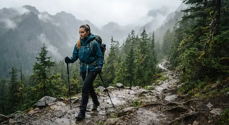 Hiker wearing a breathable waterproof rain jacket while hiking on a misty mountain trail