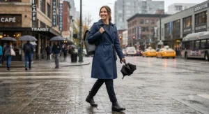 A modern commuter wearing a practical waterproof trench coat while holding an umbrella.