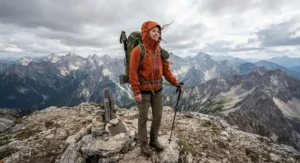 Backpacker wearing a windproof rain jacket for hiking at a windy mountain summit