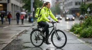 A woman riding a bicycle to work in a light drizzle, wearing a high-visibility rain jacket for commuting.