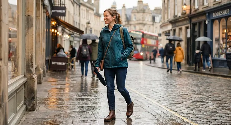 A woman wearing a lightweight packable rain jacket while exploring a city street during a trip.
