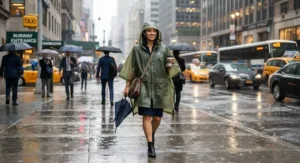 A woman walking through a rainy city street wearing a modern, functional reusable rain poncho.