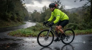 Woman wearing a high-visibility yellow rain jacket for cycling in low light