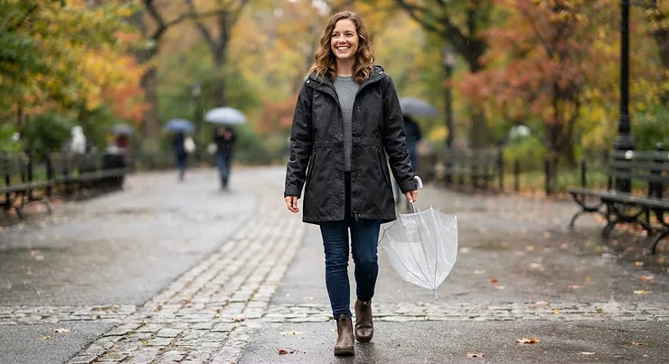 Woman in a black casual waterproof jacket under $80 smiling during a drizzly autumn day.