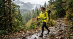 Woman wearing a bright yellow rain jacket for hiking during a light autumn drizzle