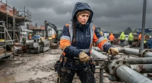 A woman working in the trades wearing a professional, ergonomic rain jacket for outdoor tasks.