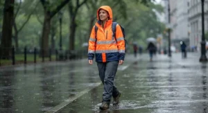 Woman walking in the rain wearing a durable waterproof high visibility rain jacket