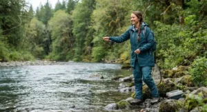 A woman wearing a stylish and functional rain jacket for fishing by the riverbank.