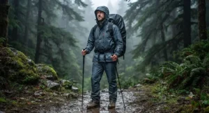 An outdoor enthusiast standing in a downpour fully protected by an all-weather rain suit men complete set.