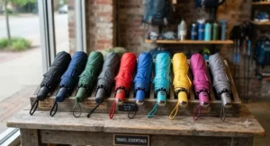 A colorful lineup of various compact travel umbrellas displayed neatly on a table for outdoor gear selection.