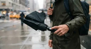 A person pressing the automatic open and close button on a black compact travel umbrella in the rain.