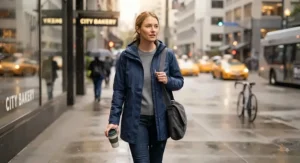 A person wearing a stylish, low-cost waterproof rain jacket while commuting to work in a light city drizzle.