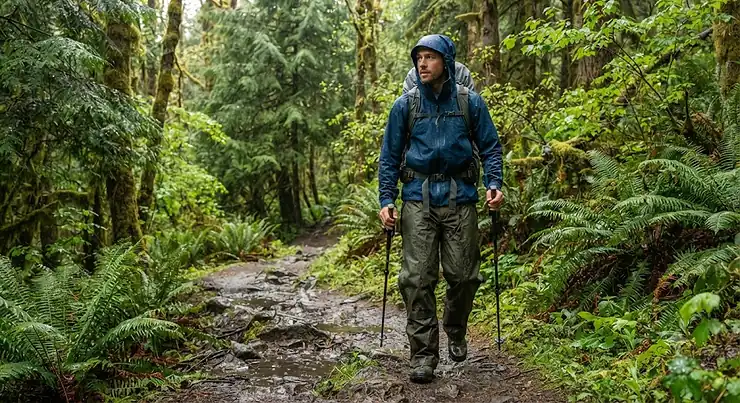 A hiker wearing durable rain chaps while walking on a wet forest trail in the Pacific Northwest. rain chaps for hiking