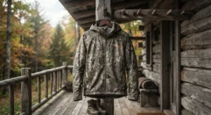 Front view of a premium waterproof hunting jacket hanging outdoors on a rustic cabin porch.