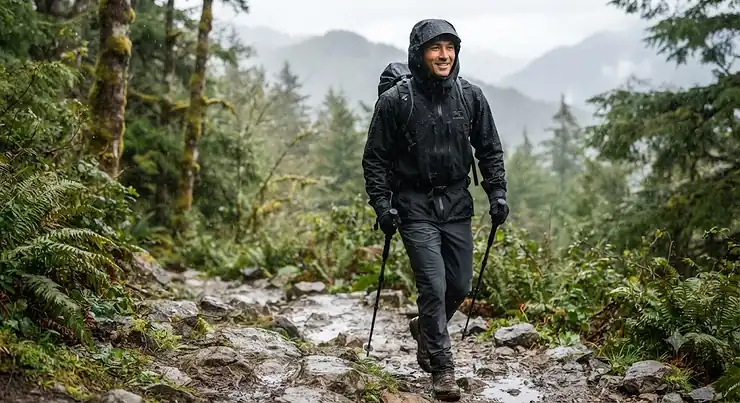 Man wearing a black waterproof rain jacket while hiking outdoors in light rain