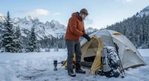Man wearing insulated waterproof rain pants during a winter camping trip in the mountains