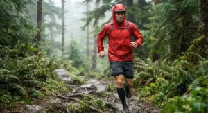 Red breathable active rain jacket designed for men running on a rainy morning trail